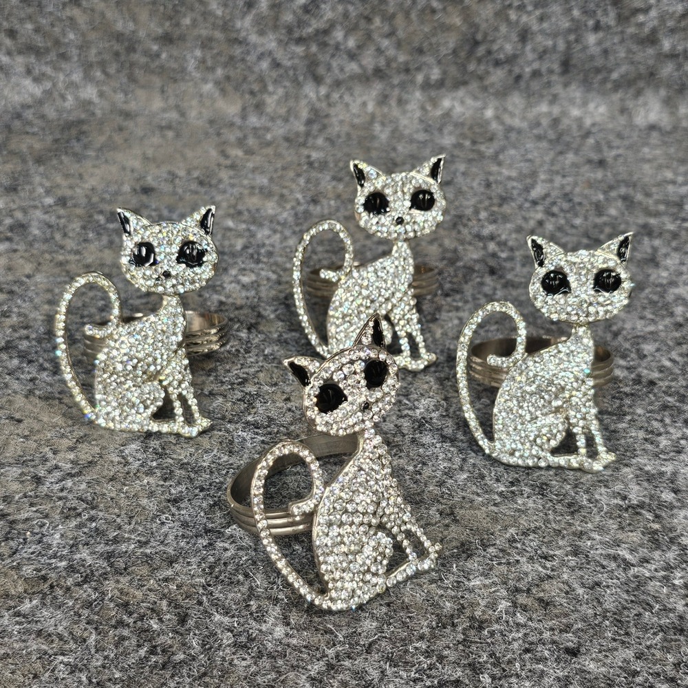Tahari Home 4 Rhinestone Cat Napkin Rings, Halloween, MCM Retro